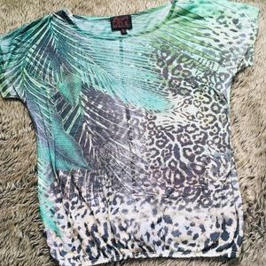 French Blue stone work animal print elastic waist bubble blouse size small